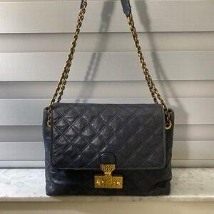 Marc Jacobs Navy Lacquered Lambskin Baroque Quilted Flap Bag with Gold Hardware